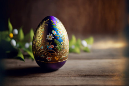 Traditional painted easter egg on wooden table, Generative AI.の素材