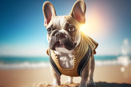Cute french bulldog in swimming suit on beach in summer, Generative AIの素材