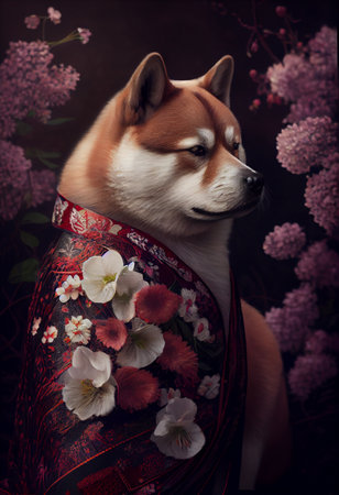 Creative portrait of Akita dog wearing Kimono,  with colorful flowers. boho style. Generative Aiの素材