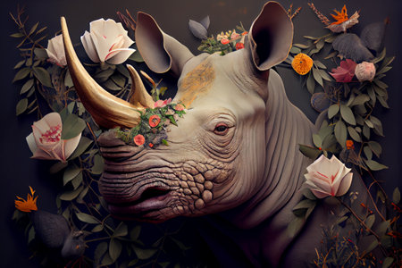 Rhinoseros or Rhino portrait with flowers and leaves. Creative animal portrait. Generative Aiの素材