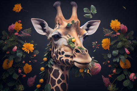 Giraffe portrait with flowers and leaves. Creative animal portrait. Generative Aiの素材