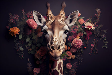 Giraffe portrait with flowers and leaves. Creative animal portrait. Generative Aiの素材