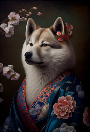 Creative portrait of Akita dog wearing Kimono,  with colorful flowers. boho style. Generative Aiの素材