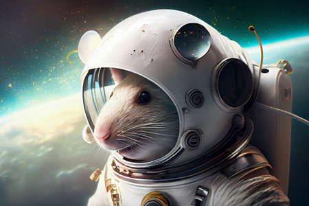 Mouse in space suit and helmet in cosmic galaxy, fantasy universe. Generative AIの素材