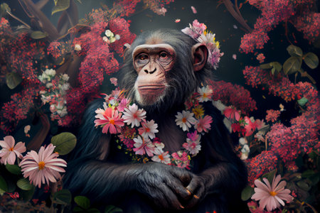 Chimpanzee or Chimp portrait with flowers and leaves. Creative monkey animal portrait. Generative Aiの素材