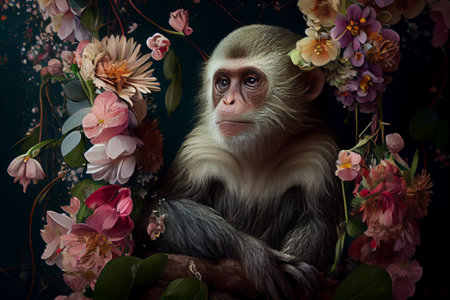 Monkey creative portrait with many colorful flowers. Generative AIの素材