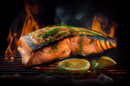 Grilled fish fillet on BBQ grid. Flames, fire and smoke on dark background. Generative AIの素材