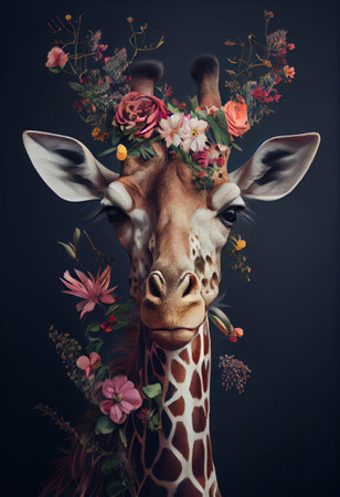 Giraffe portrait with flowers and leaves. Creative animal portrait. Generative Aiの素材