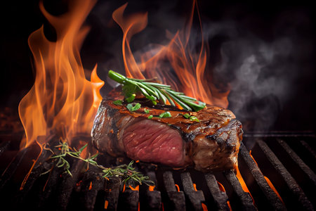 Meat steak on grill grid. BBQ food with herbs and spices. Fire, flames and smoke on dark background. Generative Aiの素材