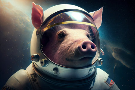 Pig in space suit and helmet in cosmic galaxy, fantasy universe. Generative AIの素材
