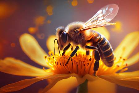 Honey bee on flower. close up macro view. Generative AIの素材
