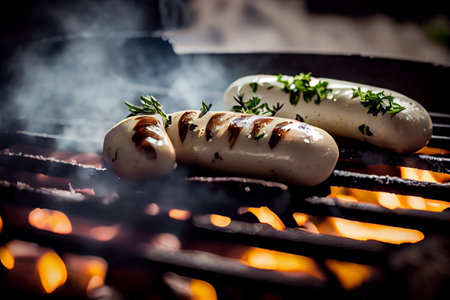 White sausages on BBQ grill grid. Grilled food with herbs and spices. Fire, flames and smoke on dark background. Generative Aiの素材