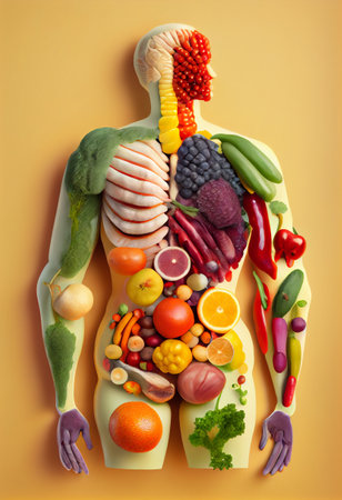 Human body made of fresh vegetables, healthy eating and dieting concept background. Generative AIの素材