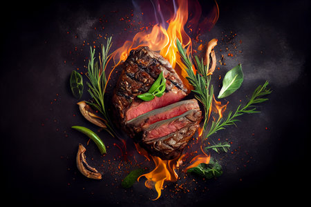 Meat steak grilled with herbs. Flames and smoke on dark background. Genrative Aiの素材