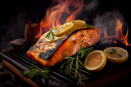 Grilled fish fillet on BBQ grid. Flames, fire and smoke on dark background. Generative AIの素材