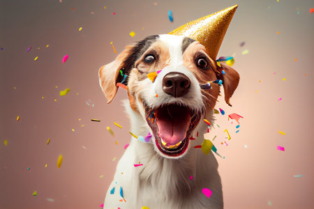 Funny dog wearing pary hat, birthday celebration card. Happy pets. Generative AIの素材