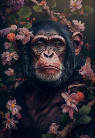 Chimpanzee or Chimp portrait with flowers and leaves. Creative monkey animal portrait. Generative Aiの素材