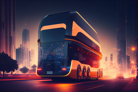 Futuristic electric passenger city bus driving trough modern town. Generative AIの素材