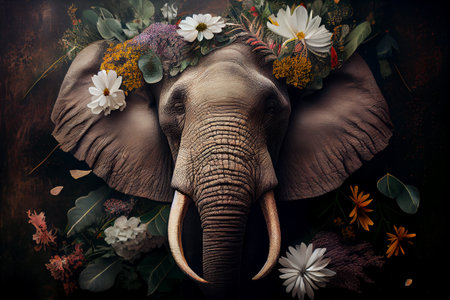 Elephant portrait with flowers and leaves. Creative animal portrait. Generative Aiの素材
