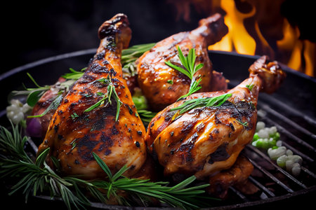 Chicken drumsticks on BBQ grill grid. Grilled food with herbs and spices. Fire, flames and smoke on dark background. Generative Aiの素材