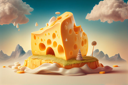 Fantasy landscape made of cheese, dreamy and colorful illustration. Generative Aiの素材
