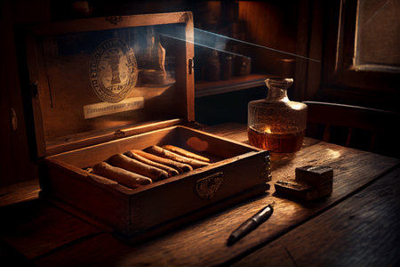 Box of cuban cigars on wooden table, atmospheric light. Generative AIの素材