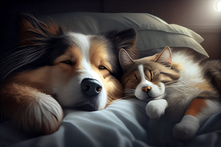 Cute dog and cat sleeping together in bed under blanket. Friendship of cute pets concept. Generative AIの素材