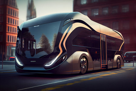 Futuristic electric passenger city bus driving trough modern town. Generative AIの素材
