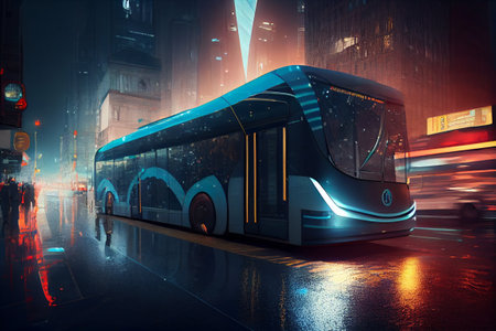 Futuristic electric passenger city bus driving trough modern town. Generative AIの素材