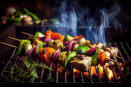Grilled vegetable and meat skewers on BBq grid.. BBQ kebab. Smoke and flames on dark background. Generative AIの素材