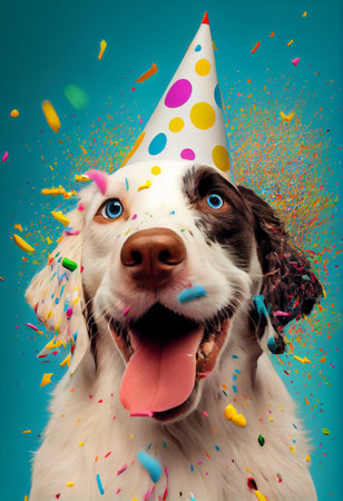 Happy dog wearing party hat. Birthday card background with confetti flying. Generative AIの素材
