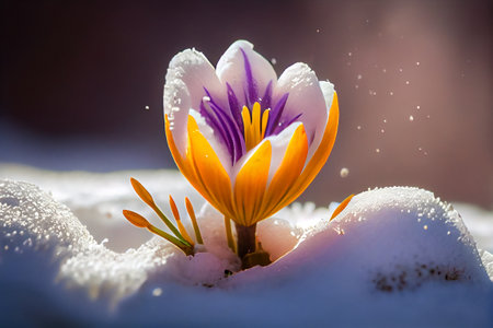 Crocus bulb blooming in snow, first spring flower. Close up macro view. Generative AIの素材