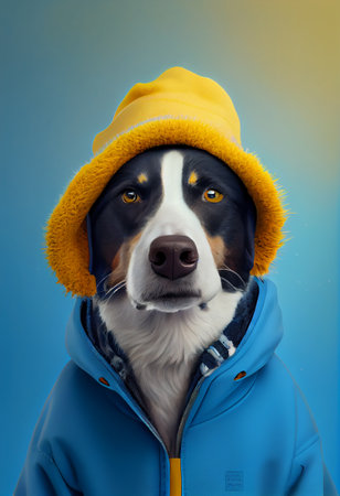 Cute dog in winter clothes. Casual dog portrait. Generative AIの素材