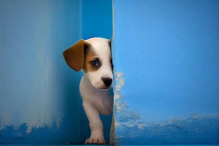 Cute puppy dog looking from around the corner, dog head, copy space. Generative AIの素材