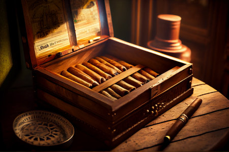 Box of cuban cigars on wooden table, atmospheric light. Generative AIの素材
