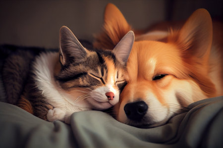 Cute dog and cat sleeping together in bed under blanket. Friendship of cute pets concept. Generative AIの素材