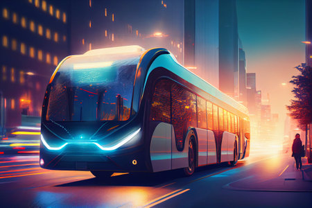 Futuristic electric passenger city bus driving trough modern town. Generative AIの素材