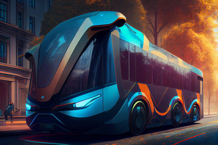 Futuristic electric passenger city bus driving trough modern town. Generative AIの素材