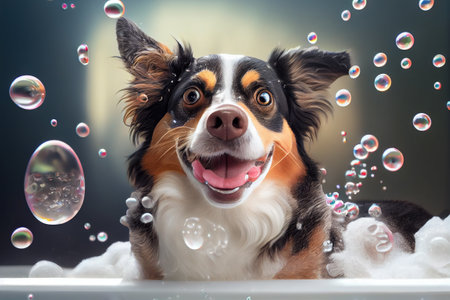 Cute dog in bathroom with bubbles and foam after bath. Clean and healthy dog concept. Generative AIの素材