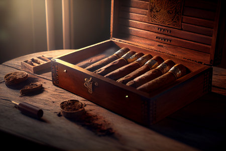 Box of cigars. Hand rolled tobacco. Luxury items. Generative Aiの素材