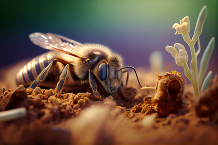 Dead honey bee laying on soil, climate change and glowal warming concept. Generative AIの素材