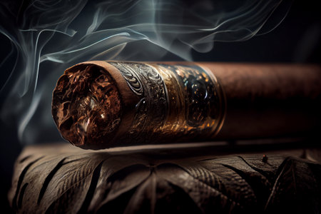 Cuban cigar with smoke, close up view with details, atmospheric light and background. generative AIの素材
