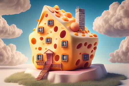 Fantasy house made of cheese, dreamy landscape, colorful illustration. Generative Aiの素材