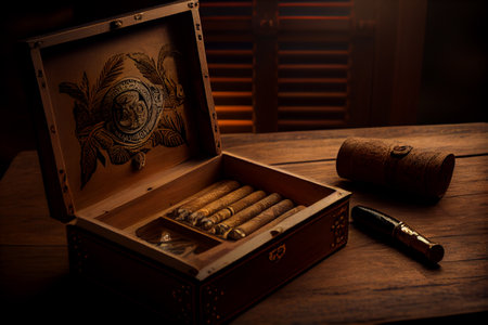 Box of cigars. Hand rolled tobacco. Luxury items. Generative Aiの素材