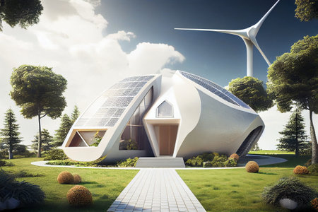 Sustainable living, green home with renewable energy. Generative AIの素材