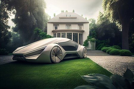 Eco friendly home and electric car.Alternative and Renewable energy concept. generative aiの素材