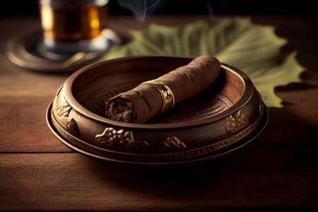 Hand rolled cuban cigar in ash tray on wooden table background. Generative Aiの素材