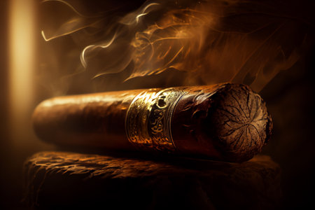 Cuban cigar with smoke, close up view with details, atmospheric light and background. generative AIの素材
