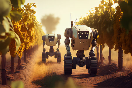 Future farming, and innovative technology in agriculture, robots working in vineyards. Generative Aiの素材