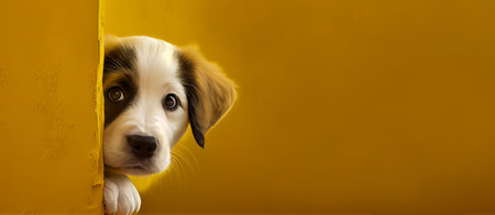 Cute puppy dog peeking from around the corner, dog head, copy space. Generative AIの素材